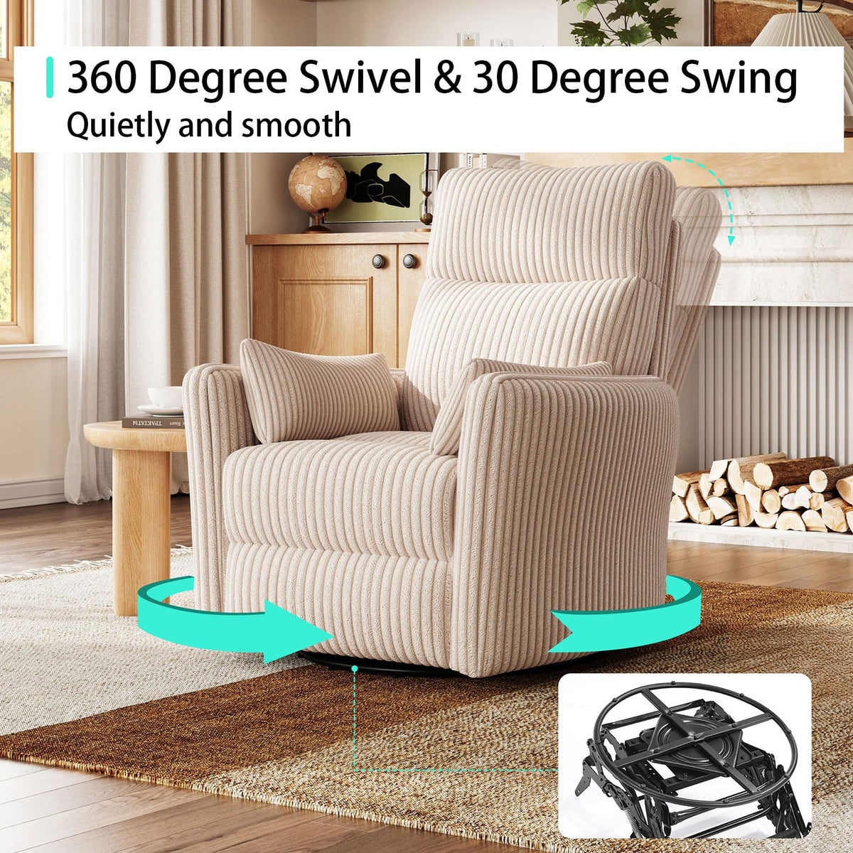 360 Swivel Recliner Chair with 2 Pillows Beige Corduroy C38308