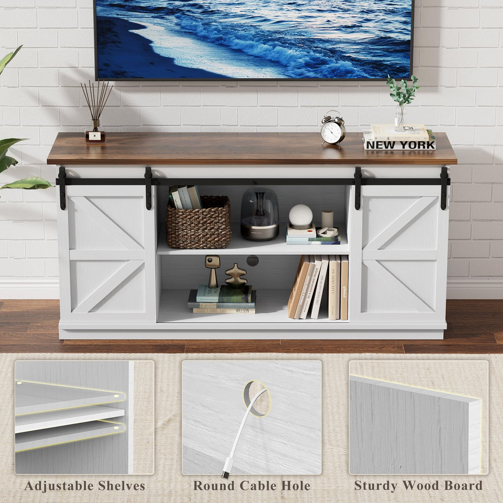 White Farmhouse TV Stand with Sliding Barn Doors A8183