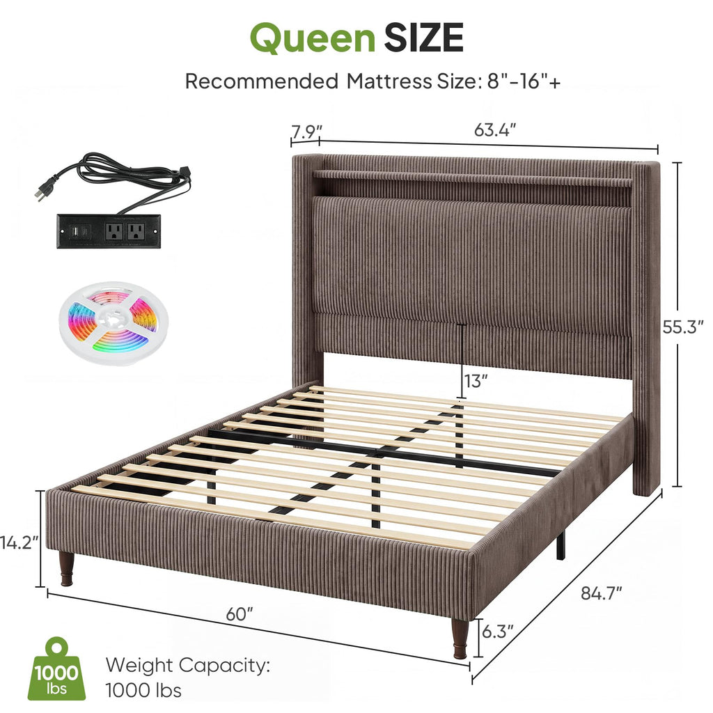 Queen Size Corduroy Upholstered Bed Frame W624007