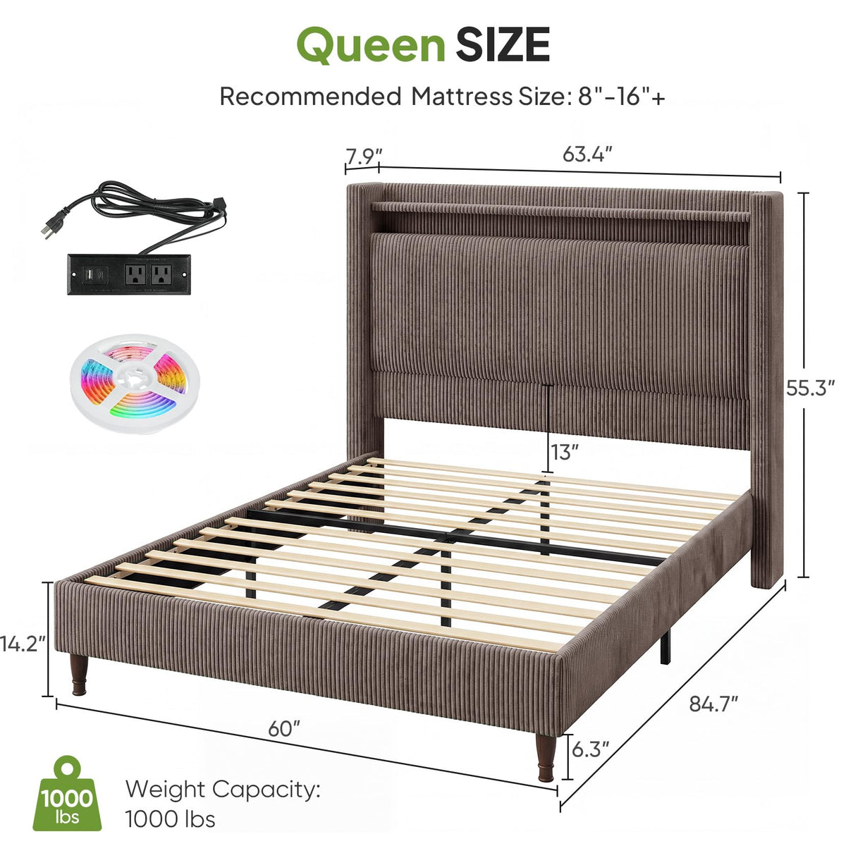 Queen Size Corduroy Upholstered Bed Frame W624007