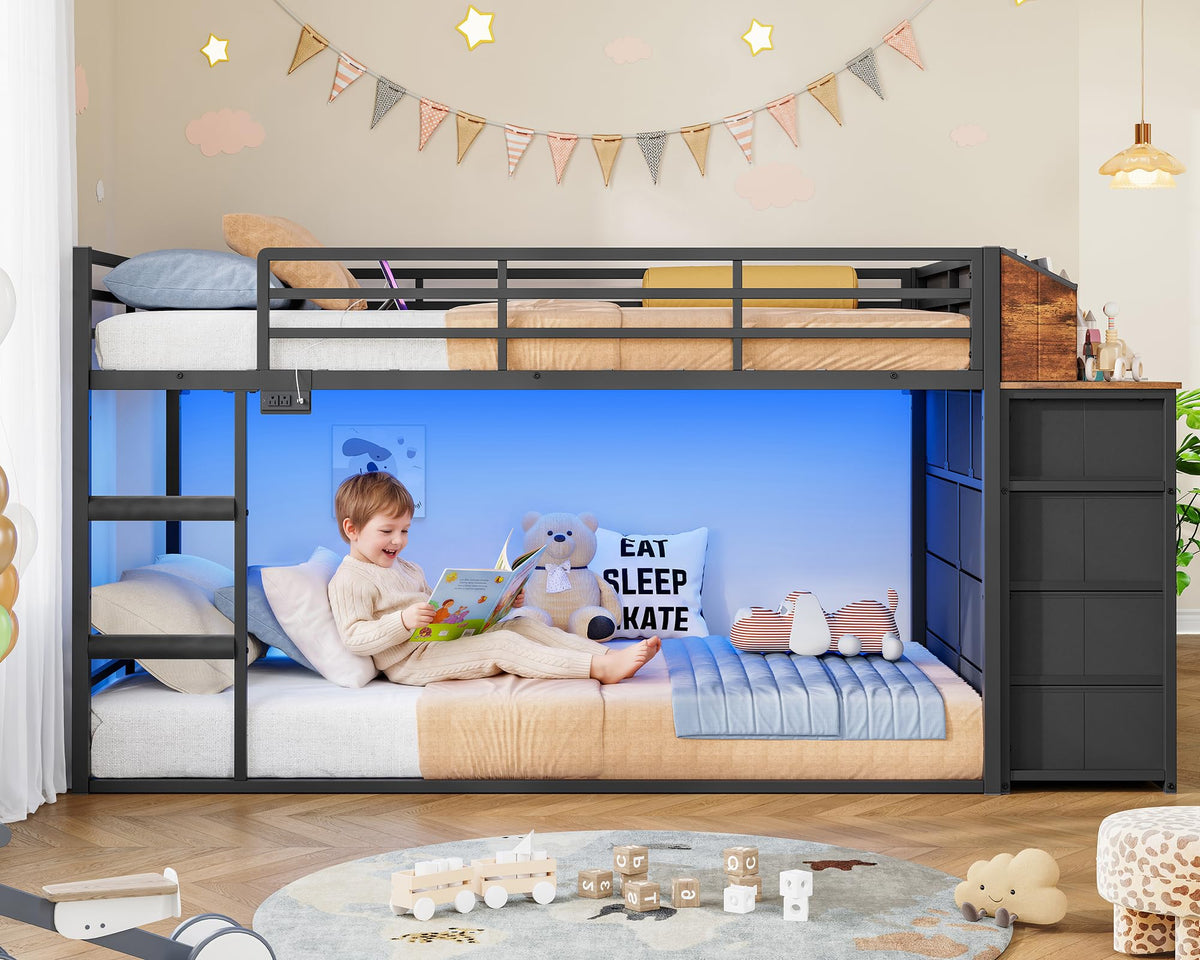 Twin Over Twin Metal Bunk Bed with Storage & LED Lights O664