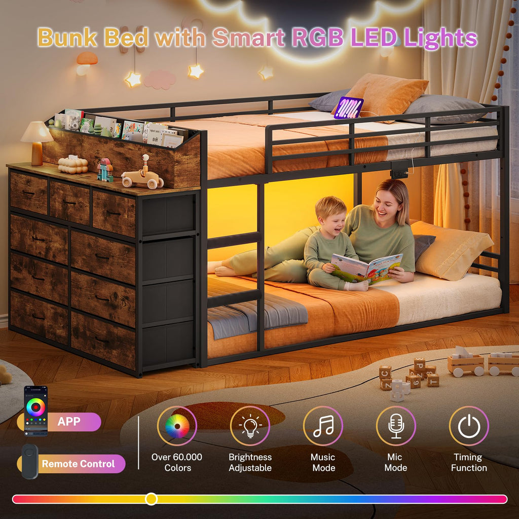 Twin Over Twin Metal Bunk Bed with Storage & LED Lights O664