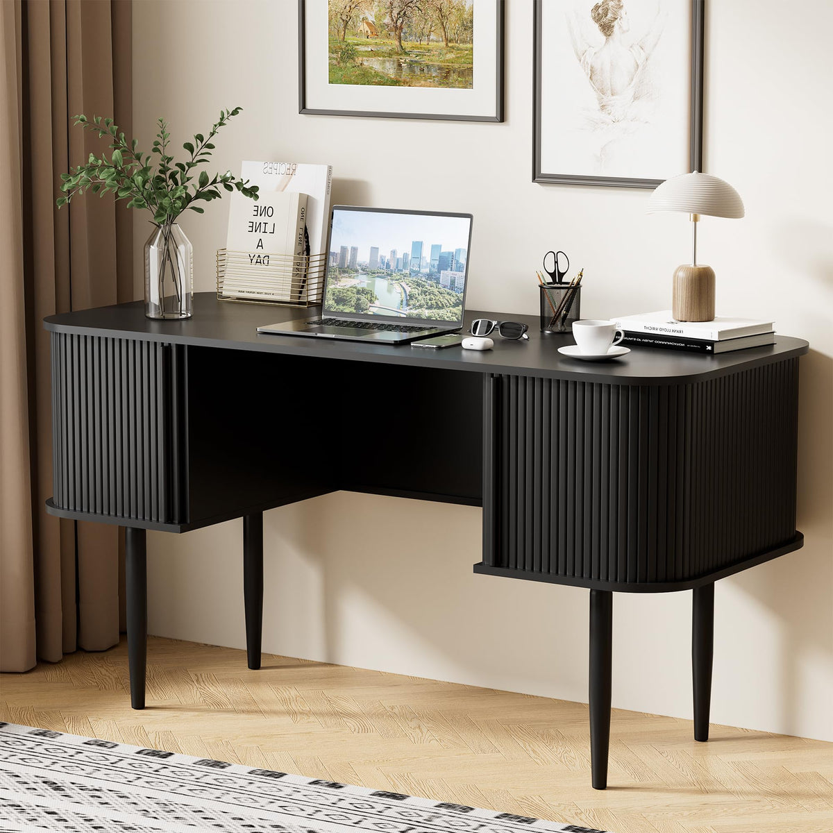 55" Black Wood Writing Desk J597