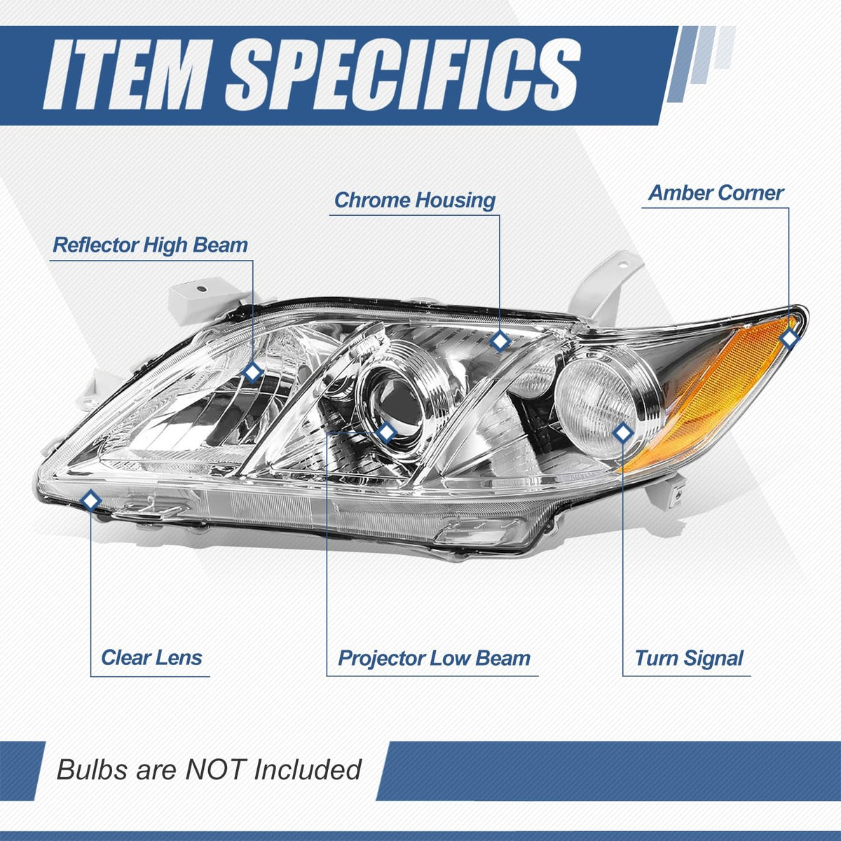 Headlight Assembly Compatible with Toyota Camry 2007 2008 2009 Chrome Housing Amber Corner D206395