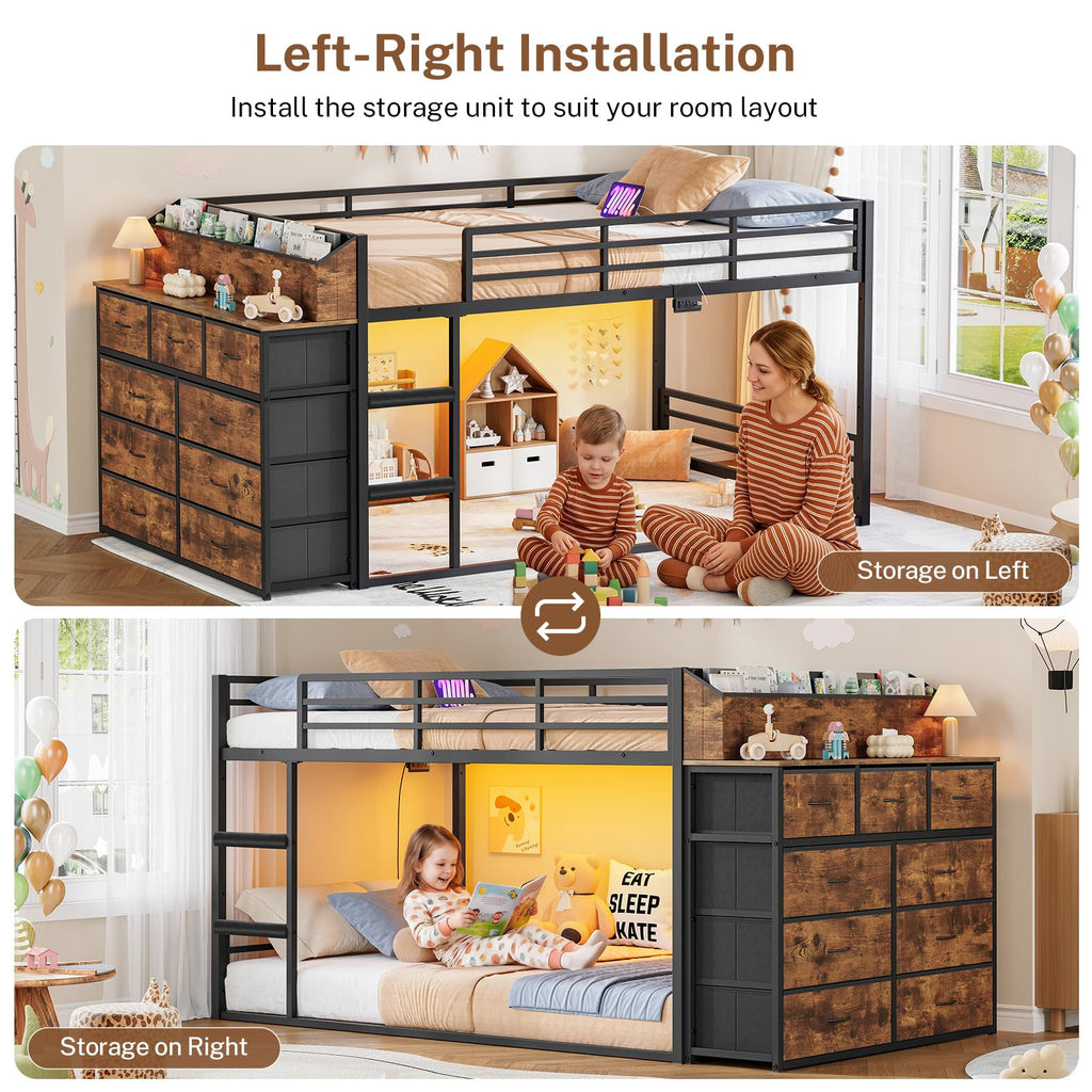 Twin Over Twin Metal Bunk Bed with Storage & LED Lights O664