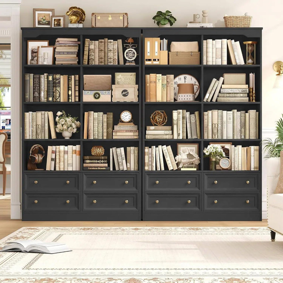 71" Tall Black Bookshelf with 4 Drawers F387