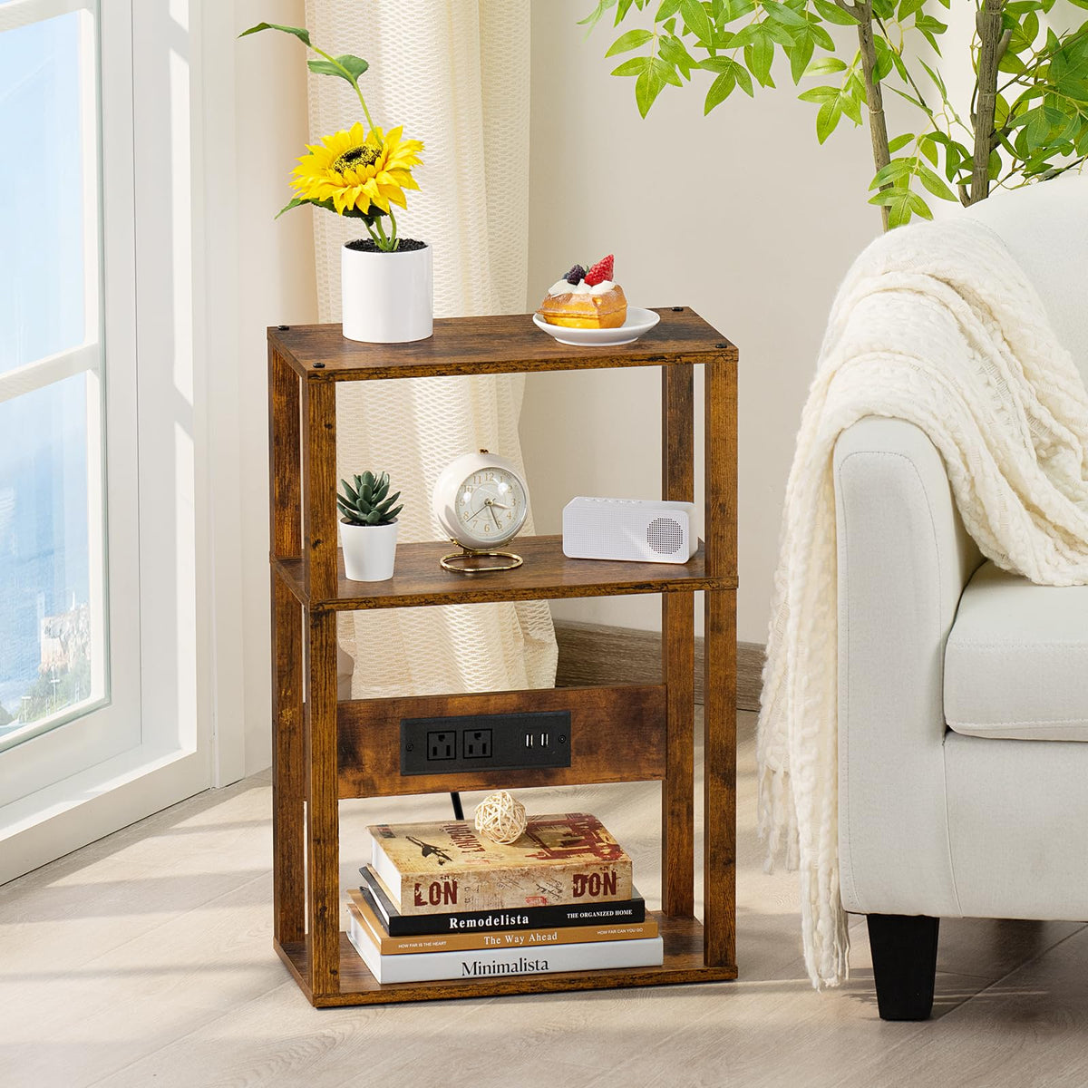 3-Tier Narrow Bedside Table with Charging Station V878705