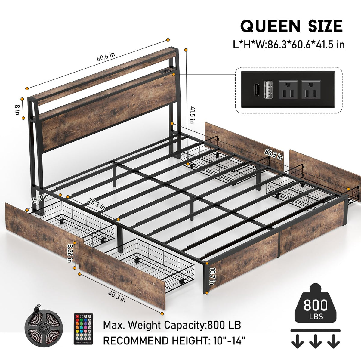 Queen Size Bed Frame with 4 Storage Drawers and LED Lights Z66233