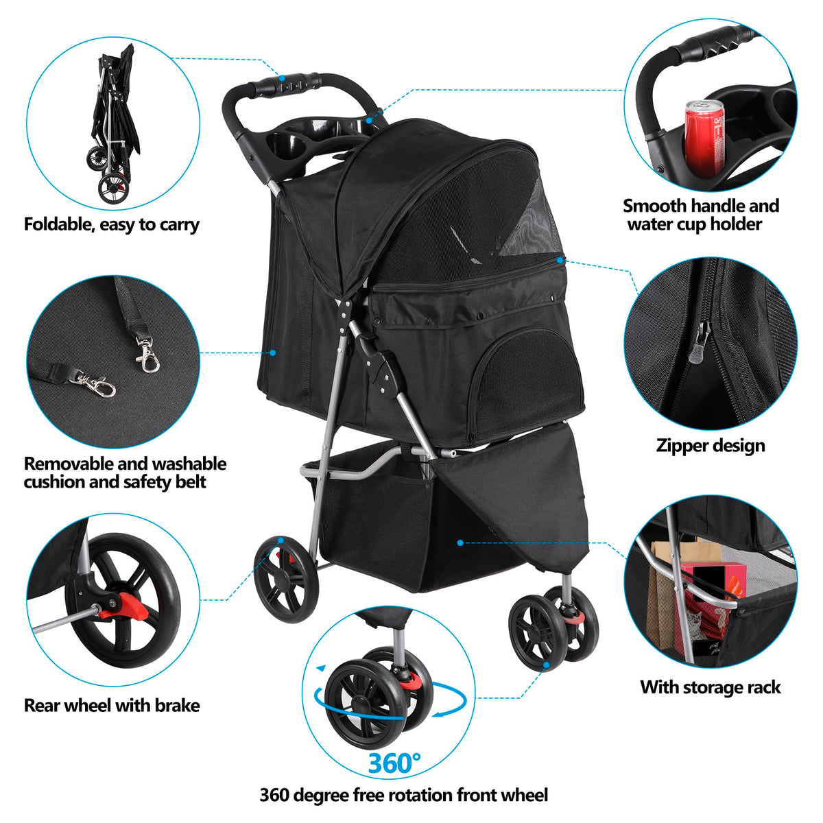 Foldable Pet Stroller with Weather Cover, Storage Basket and Cup Holder B83734