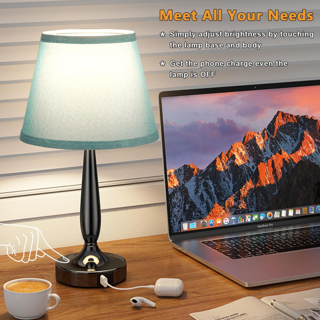 Touch Bedside Lamp with USB C Port, 3 Way Dimmable Turquoise Blue U8994