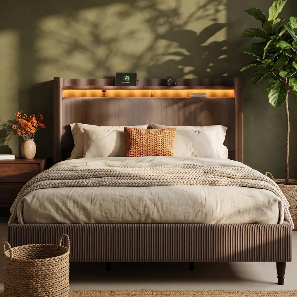 Queen Size Corduroy Upholstered Bed Frame W624007