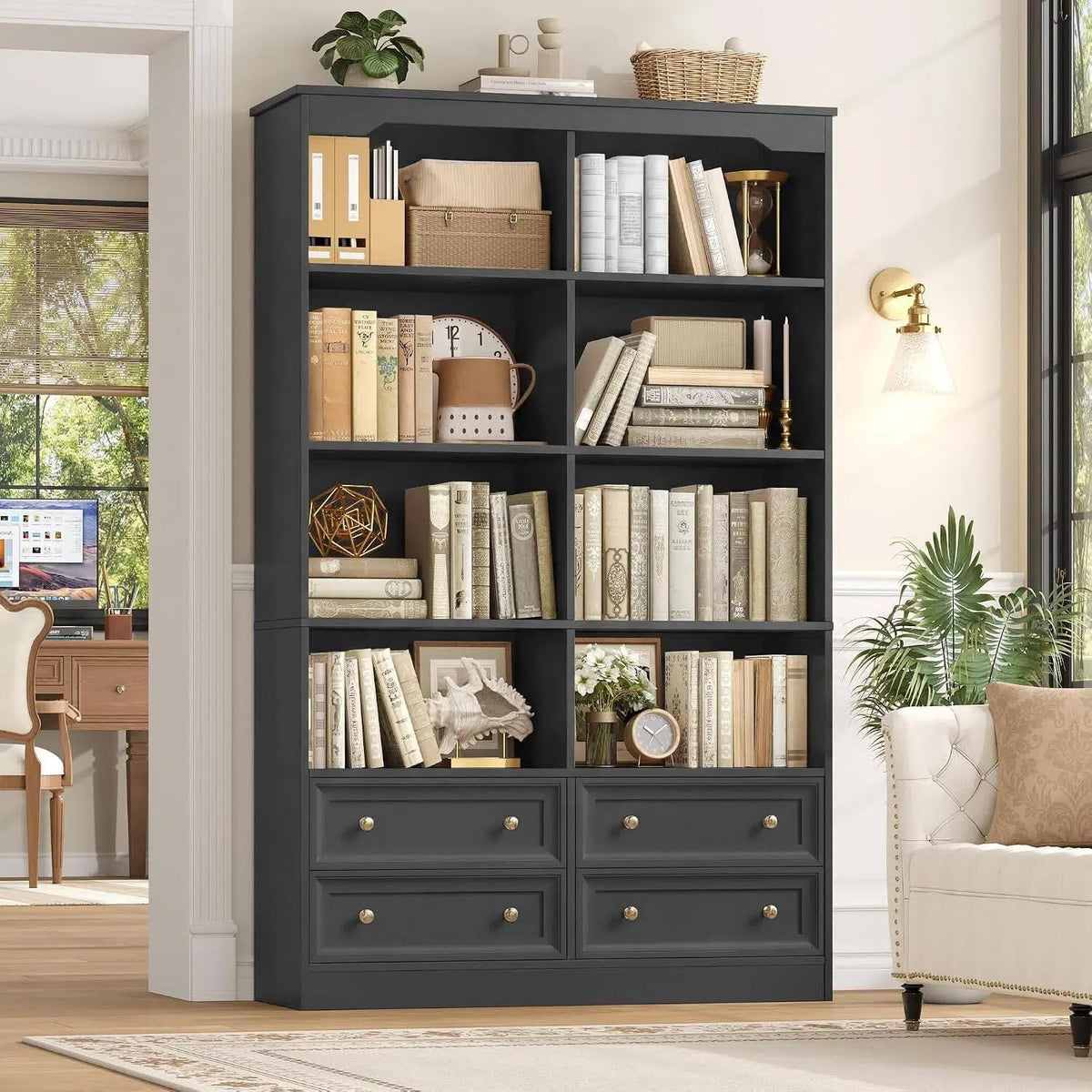71" Tall Black Bookshelf with 4 Drawers F387
