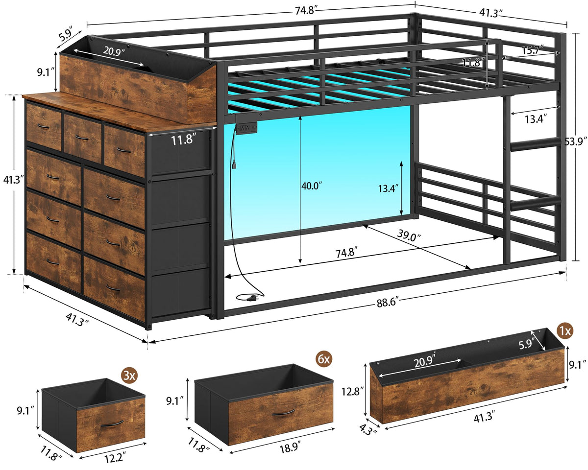Twin Over Twin Metal Bunk Bed with Storage & LED Lights O664