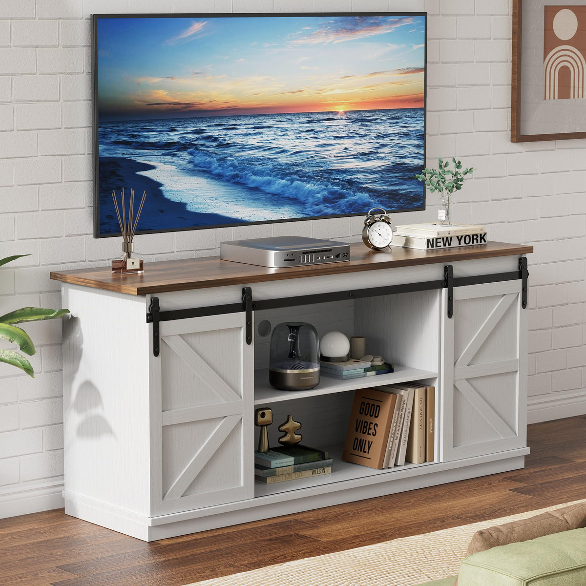 White Farmhouse TV Stand with Sliding Barn Doors A8183