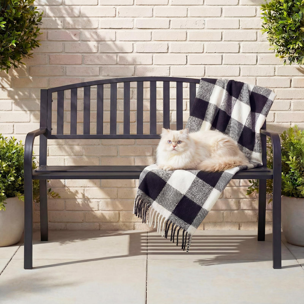 50" Iron Metal Outdoor Bench with Backrest and Armrests K3348