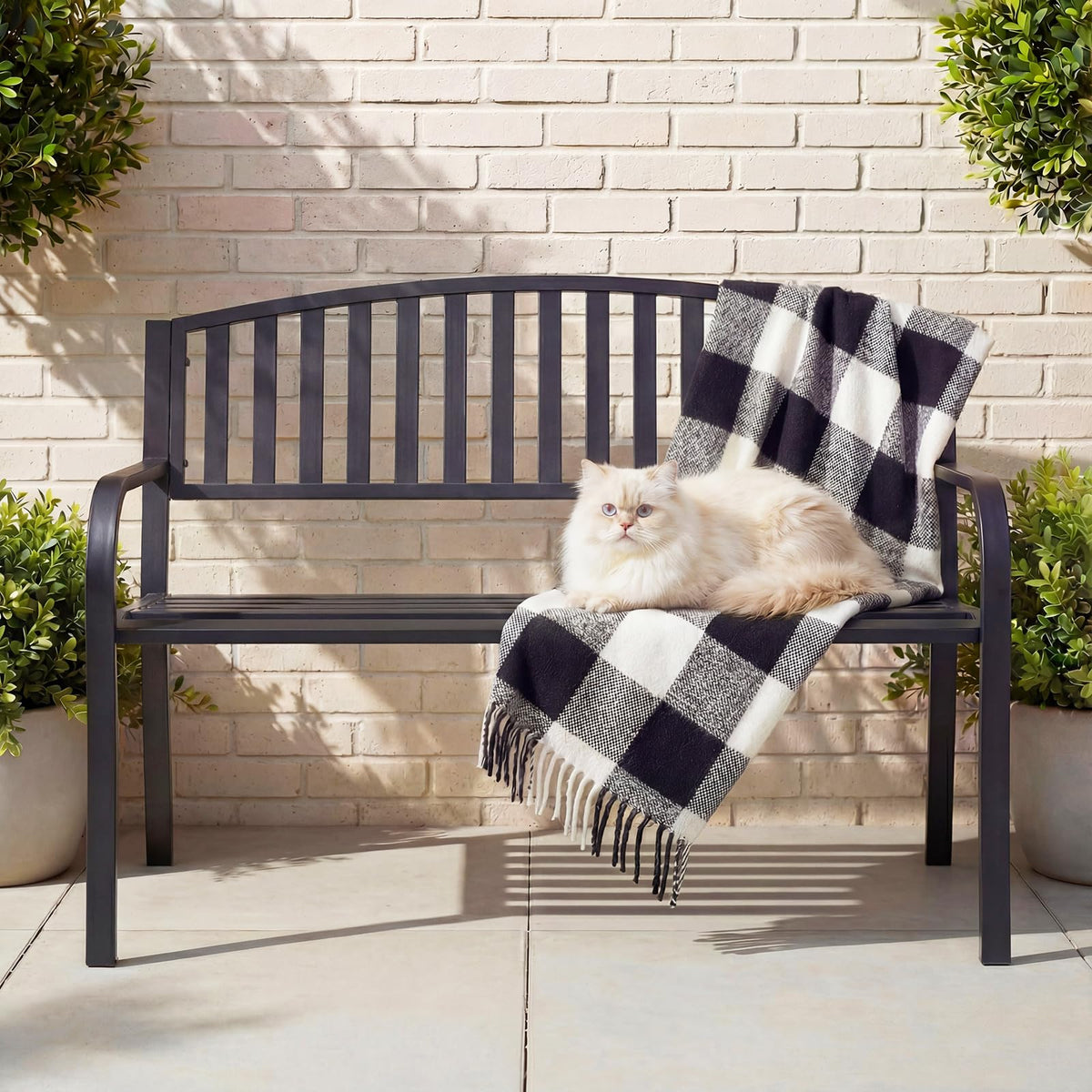 50" Iron Metal Outdoor Bench with Backrest and Armrests K3348