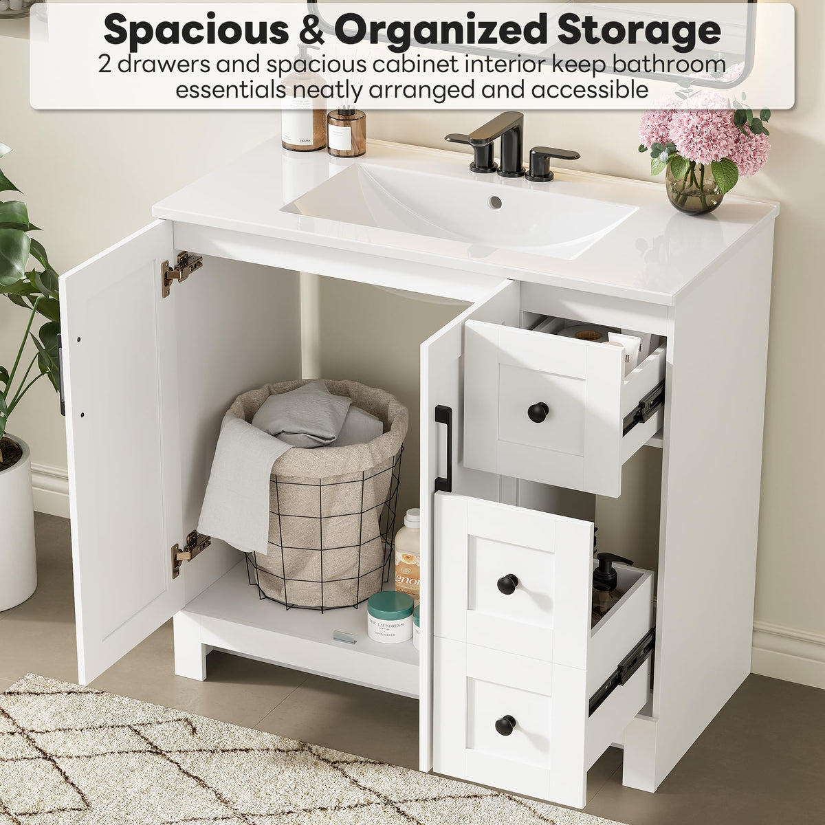 36" White Bathroom Vanity with Sink, 2 Soft-Close Drawers & Doors F969615