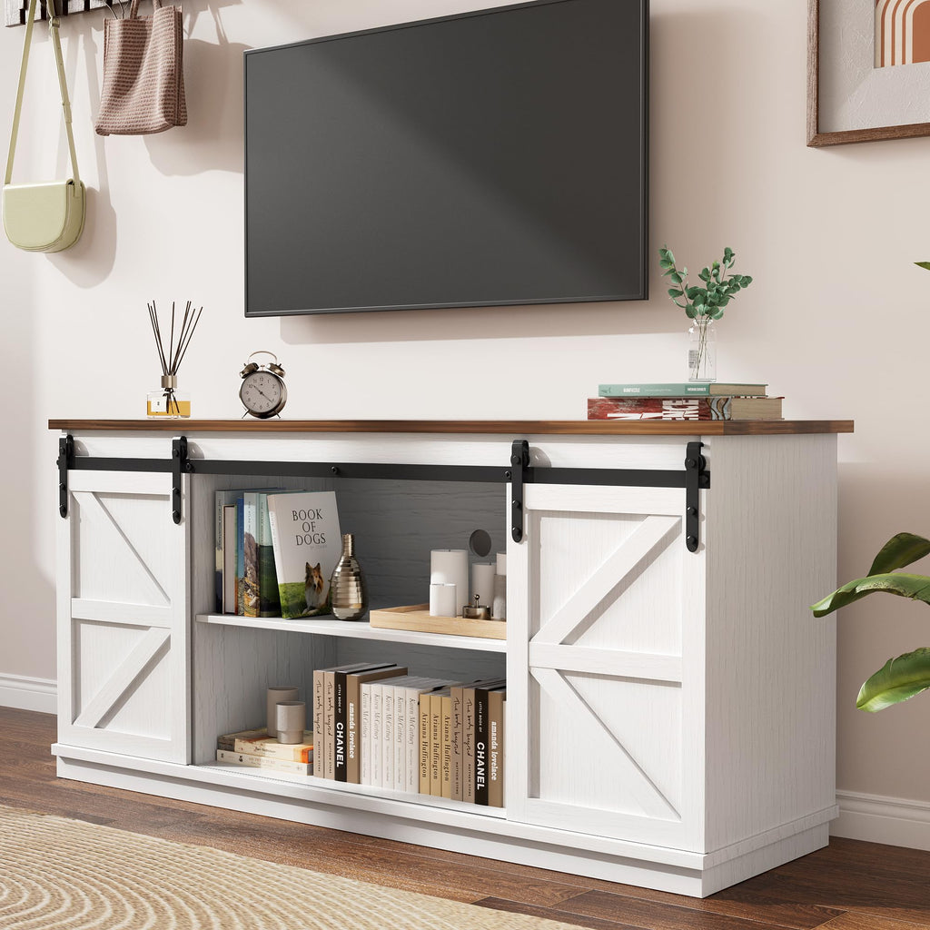White Farmhouse TV Stand with Sliding Barn Doors A8183