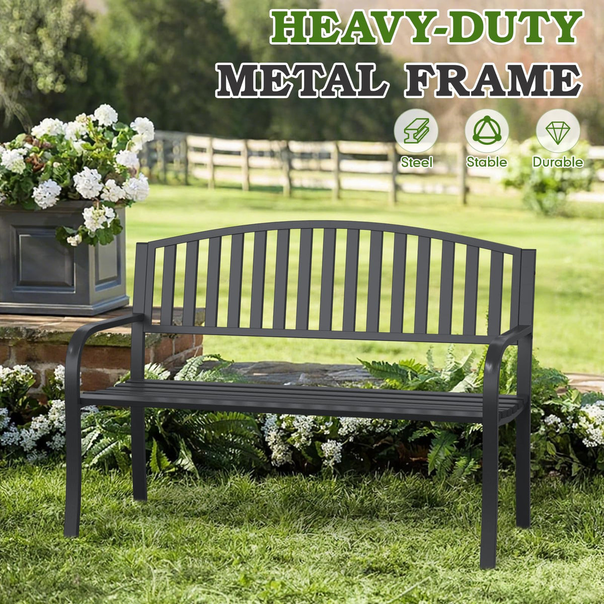 50" Iron Metal Outdoor Bench with Backrest and Armrests K3348