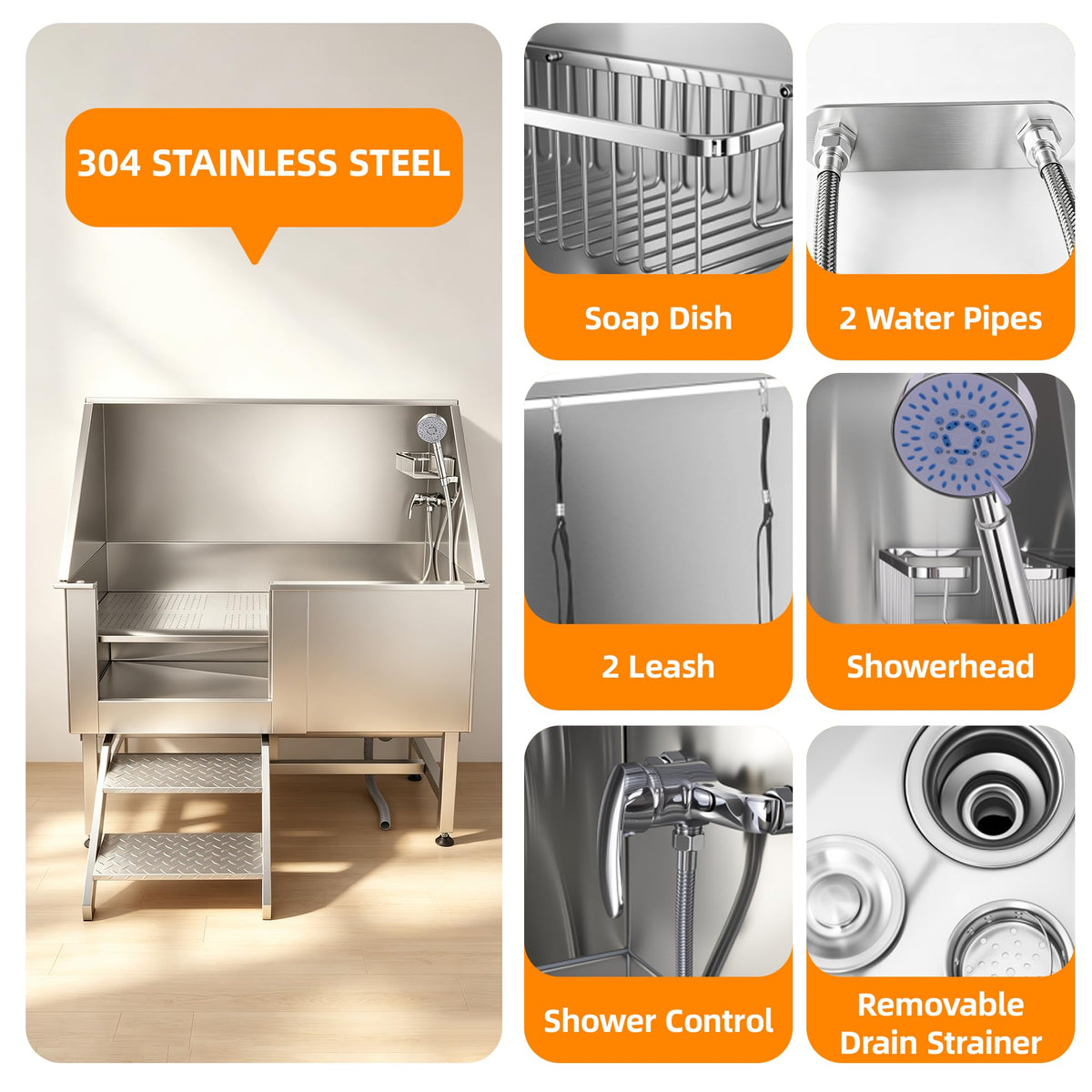 304 Stainless Steel Dog Washing Station with Stairs and 2 Drawers F998963