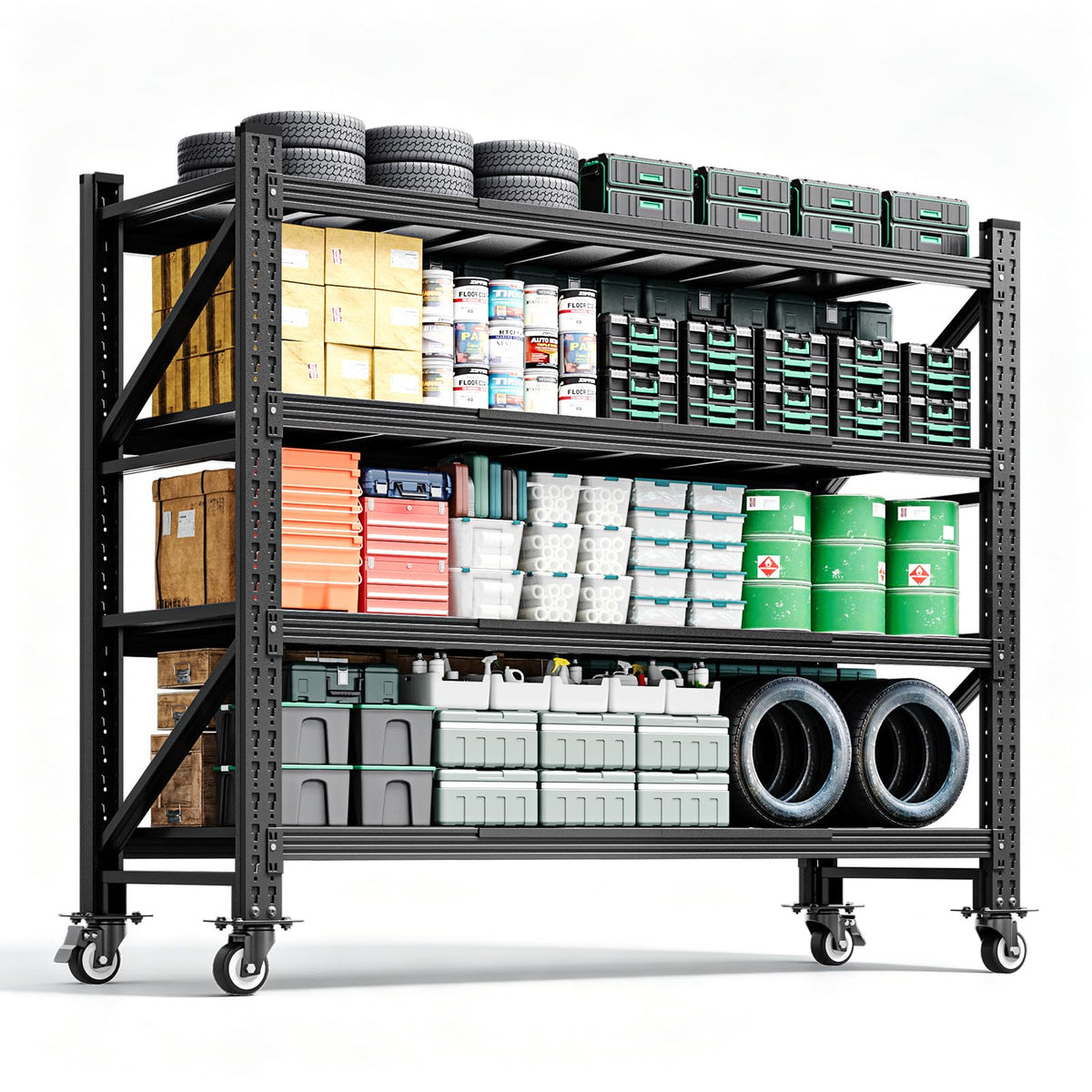 Heavy Duty 4 Tier Metal Storage Shelves with Wheels A266