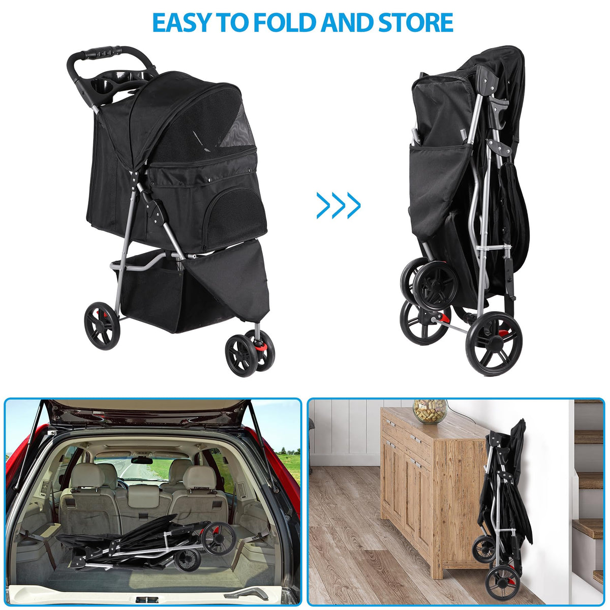 Foldable Pet Stroller with Weather Cover, Storage Basket and Cup Holder B83734