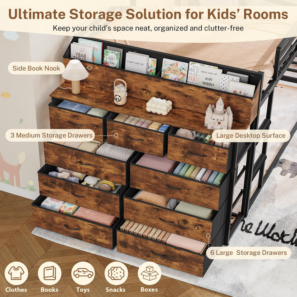 Twin Over Twin Metal Bunk Bed with Storage & LED Lights O664