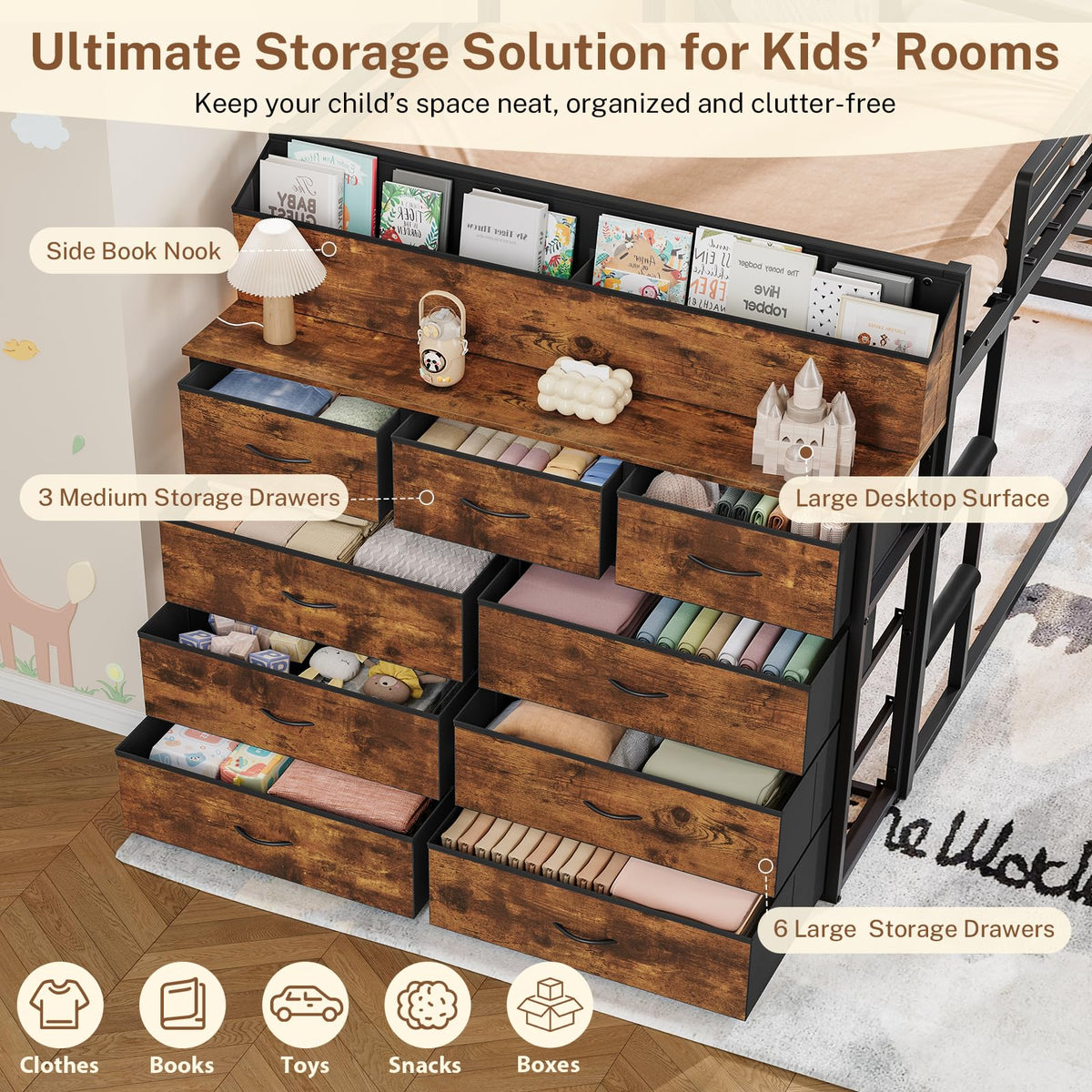 Twin Over Twin Metal Bunk Bed with Storage & LED Lights O664