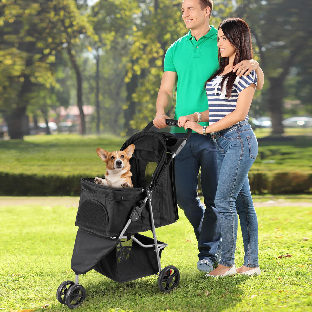 Foldable Pet Stroller with Weather Cover, Storage Basket and Cup Holder B83734