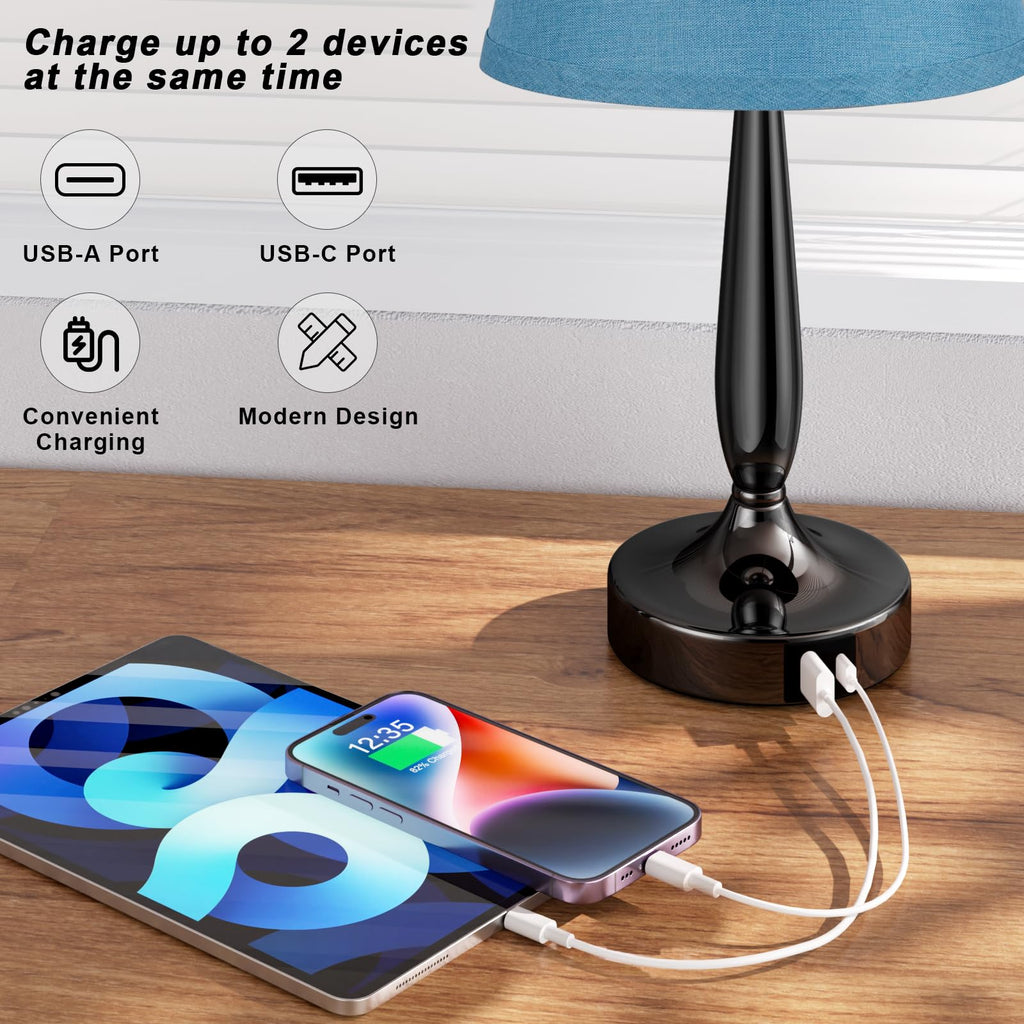 Touch Bedside Lamp with USB C Port, 3 Way Dimmable Turquoise Blue U8994