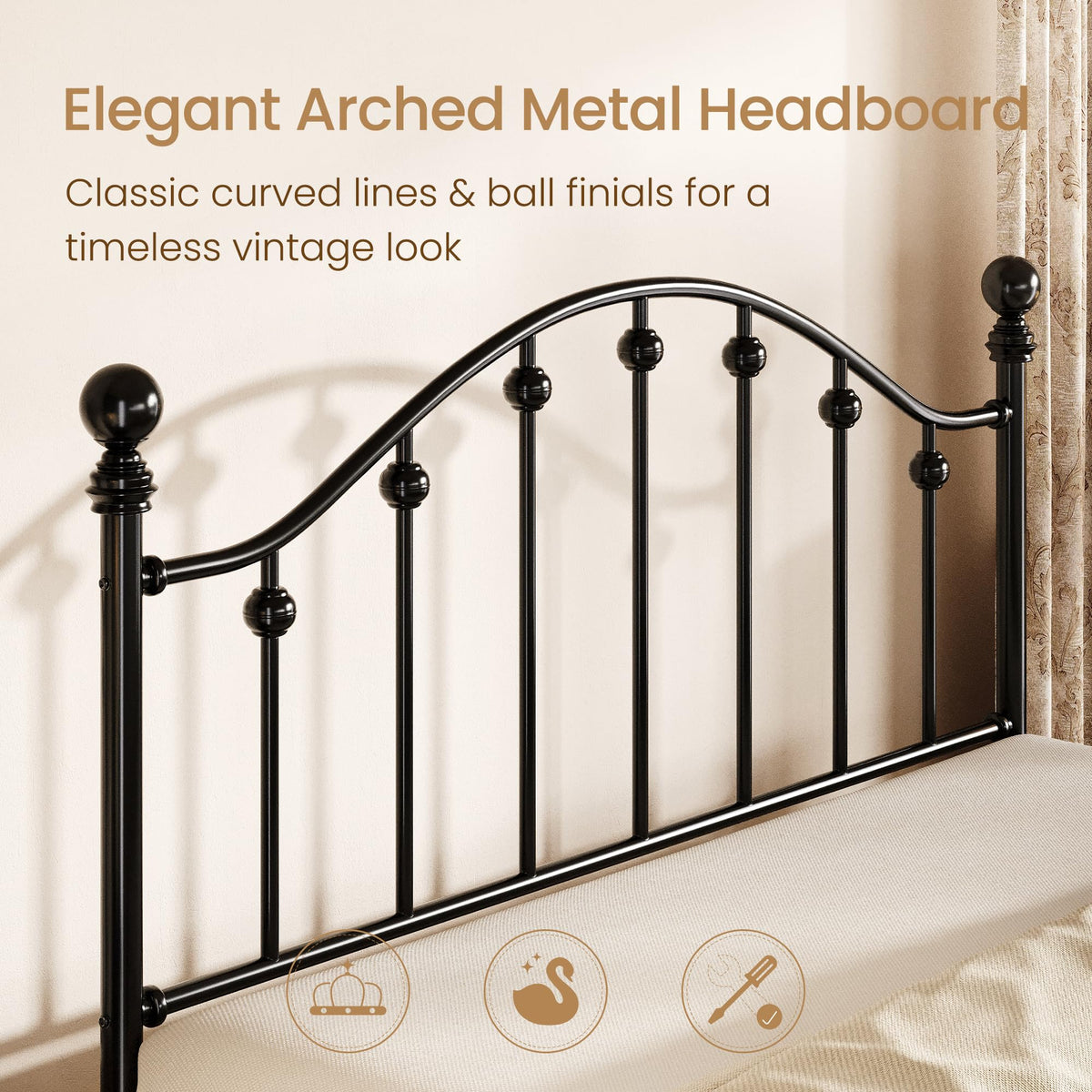 Queen Metal Bed Frame with Victorian Headboard and Footboard Black C619