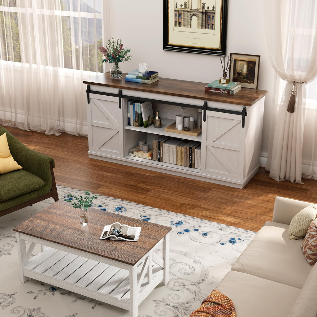 White Farmhouse TV Stand with Sliding Barn Doors A8183