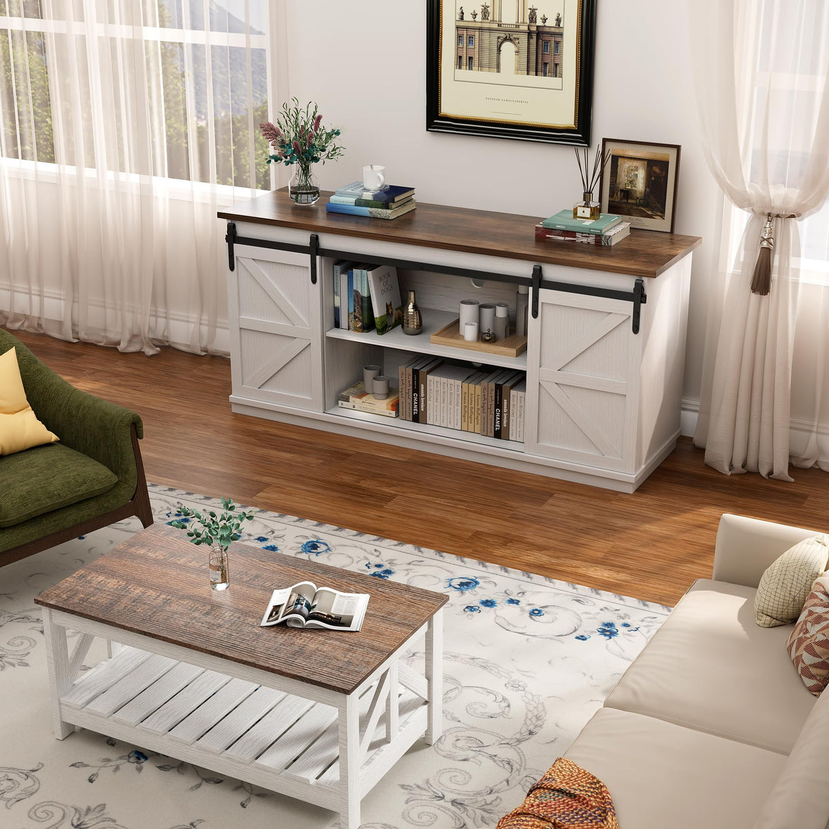 White Farmhouse TV Stand with Sliding Barn Doors A8183