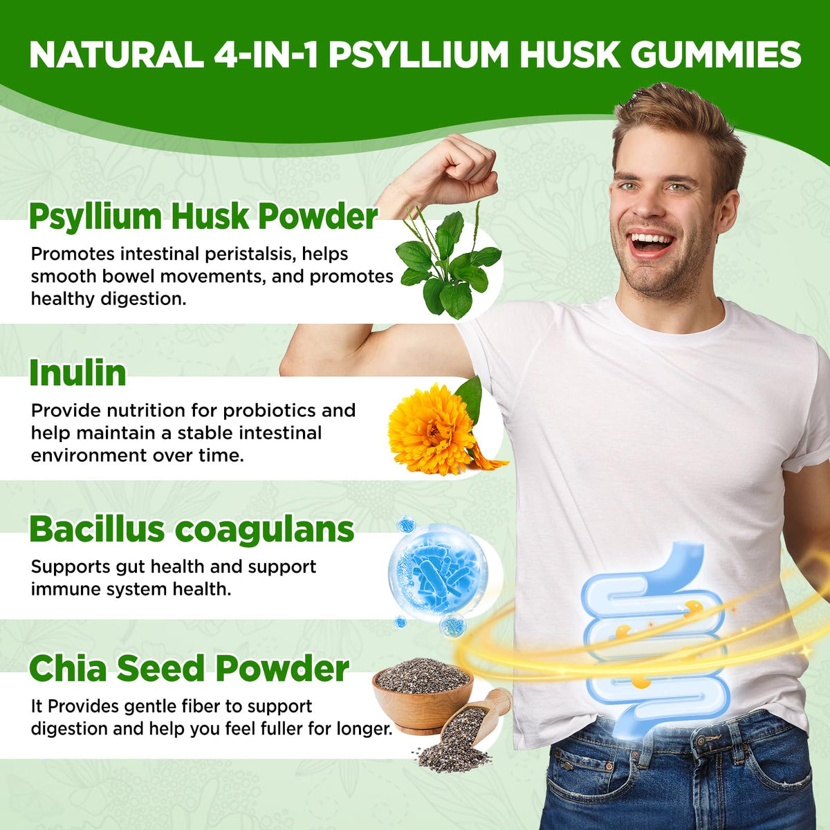 1500mg Psyllium Husk Fiber Gummies with Probiotics, Inulin, Chia Seed, Sugar Free, 60 Chewable J1491