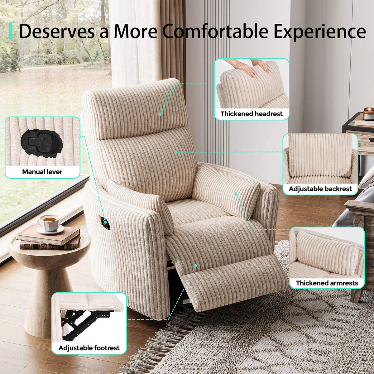 360 Swivel Recliner Chair with 2 Pillows Beige Corduroy C38308
