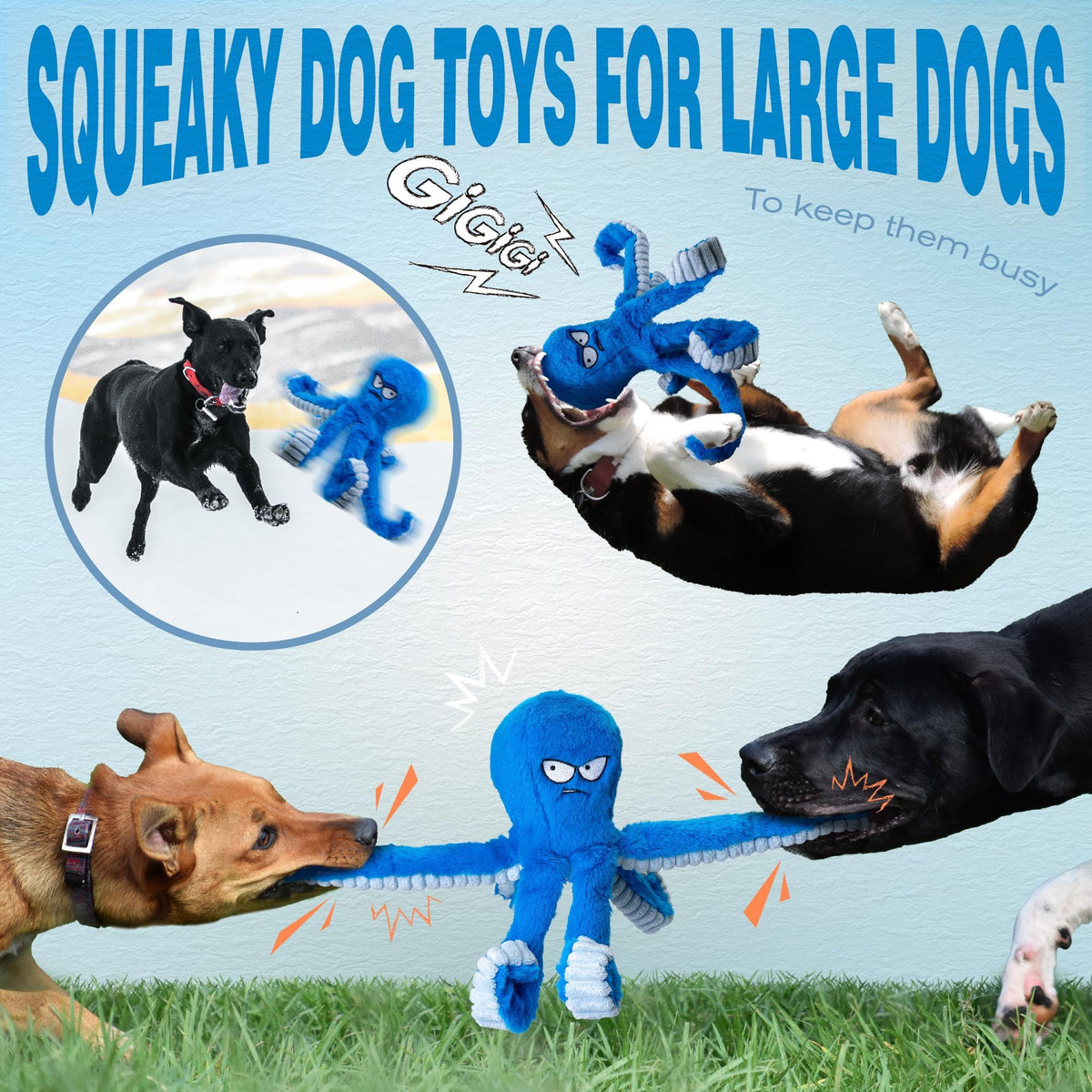 Stuffed Squeaky Crinkle Blue Octopus Dog Toy N9704
