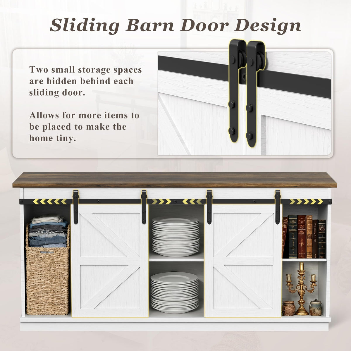 White Farmhouse TV Stand with Sliding Barn Doors A8183