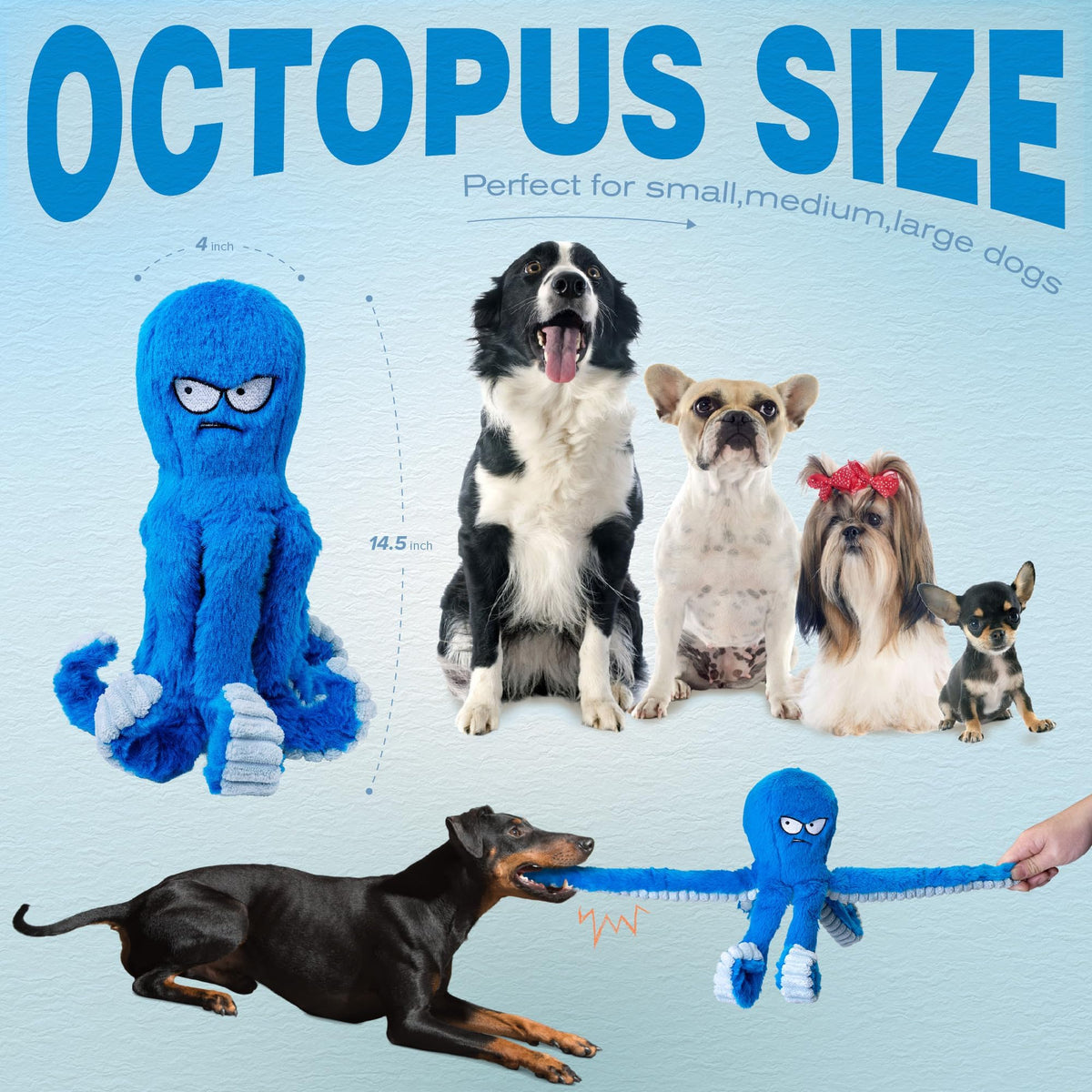 Stuffed Squeaky Crinkle Blue Octopus Dog Toy N9704