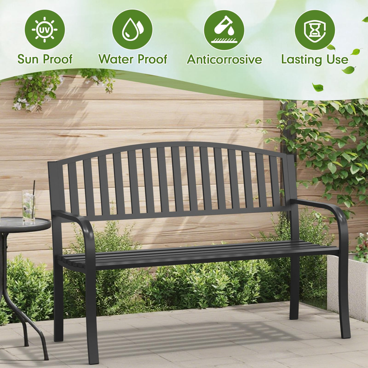 50" Iron Metal Outdoor Bench with Backrest and Armrests K3348