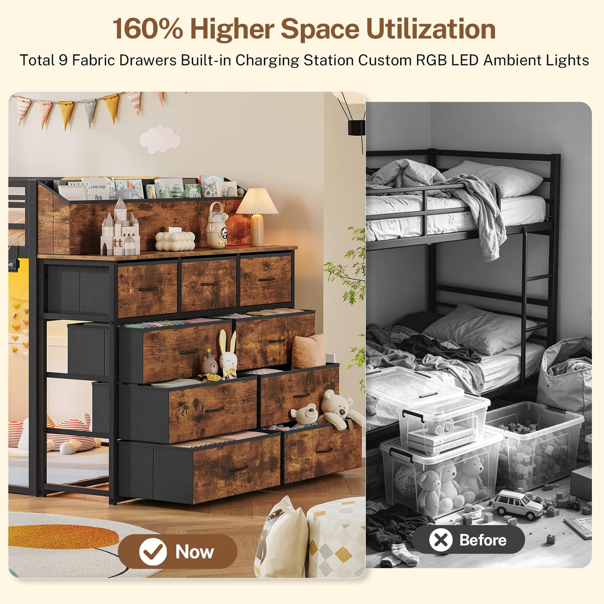 Twin Over Twin Metal Bunk Bed with Storage & LED Lights O664