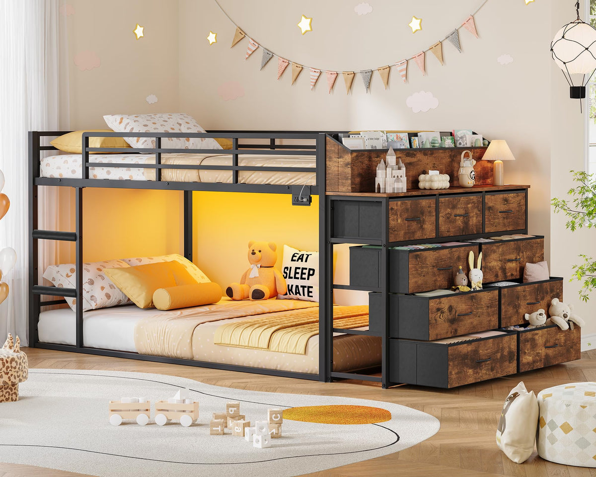 Twin Over Twin Metal Bunk Bed with Storage & LED Lights O664