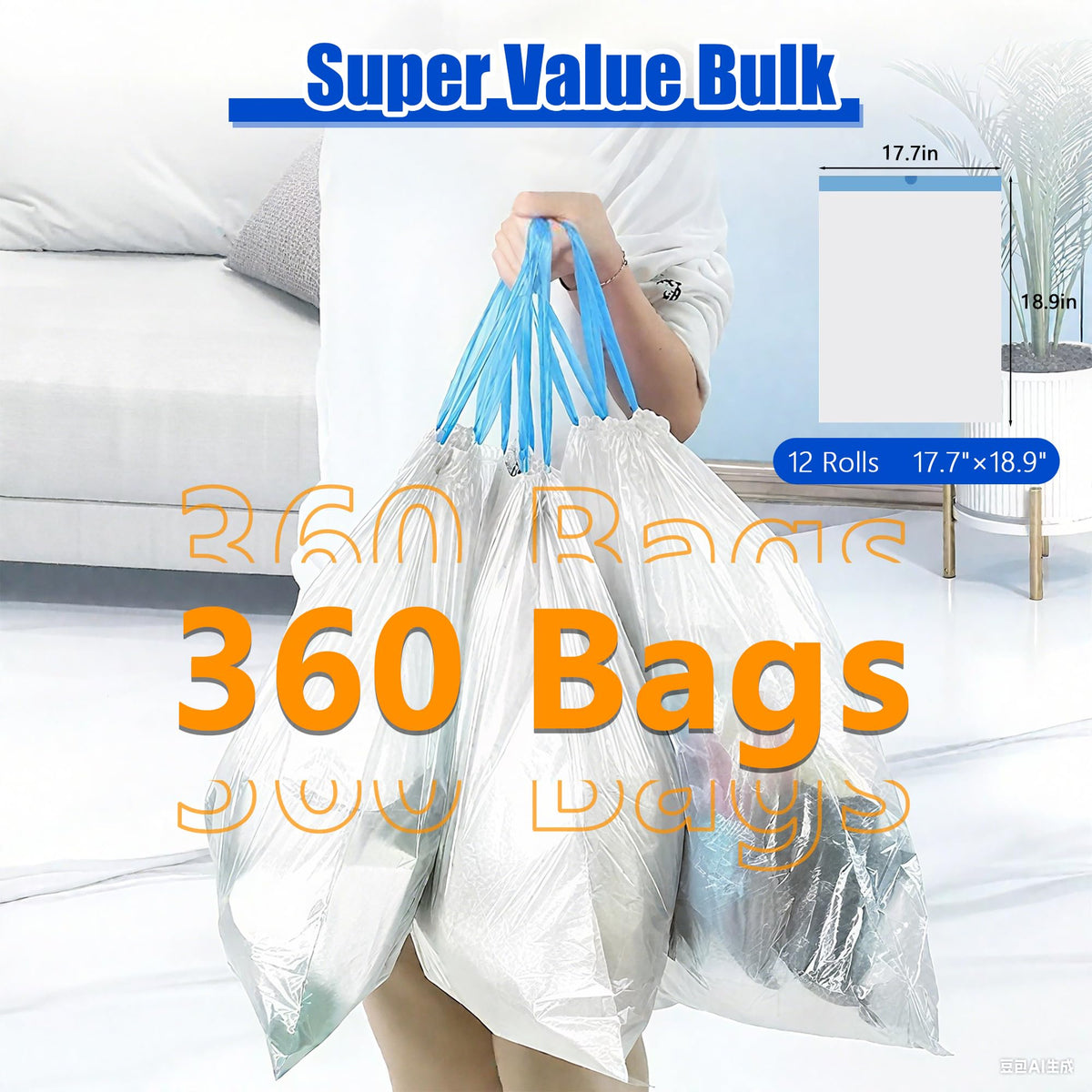 3 Gallon 360 Count 1.2 Mil Drawstring White Plastic Trash Bags G300311