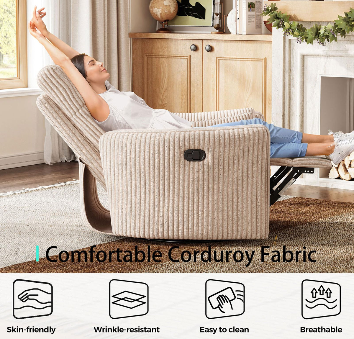 360 Swivel Recliner Chair with 2 Pillows Beige Corduroy C38308