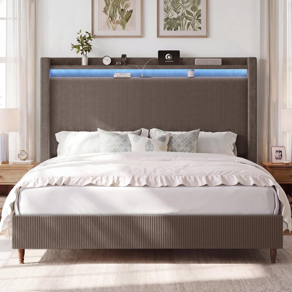 Queen Size Corduroy Upholstered Bed Frame W624007