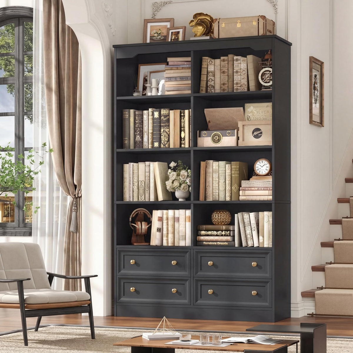 71" Tall Black Bookshelf with 4 Drawers F387