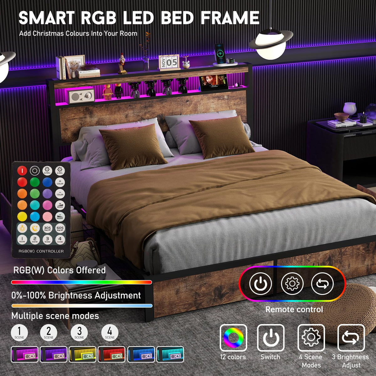 Queen Size Bed Frame with 4 Storage Drawers and LED Lights Z66233