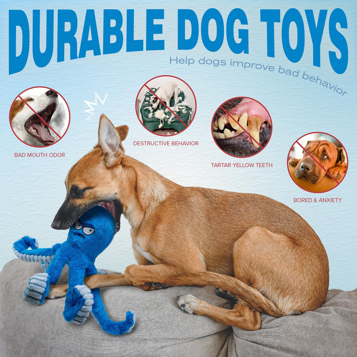 Stuffed Squeaky Crinkle Blue Octopus Dog Toy N9704