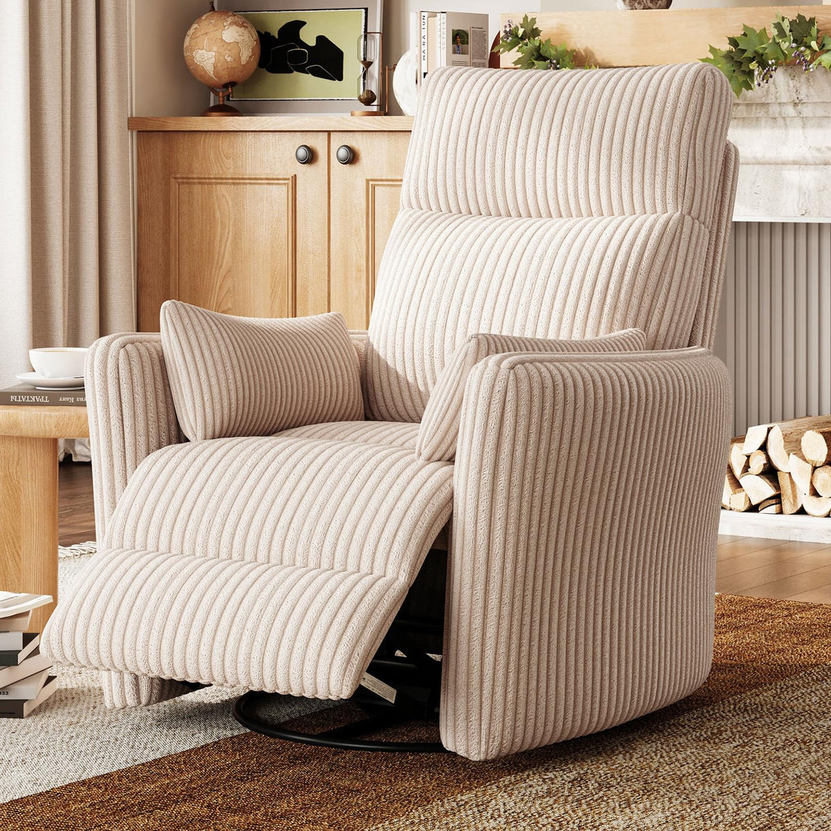 360 Swivel Recliner Chair with 2 Pillows Beige Corduroy C38308