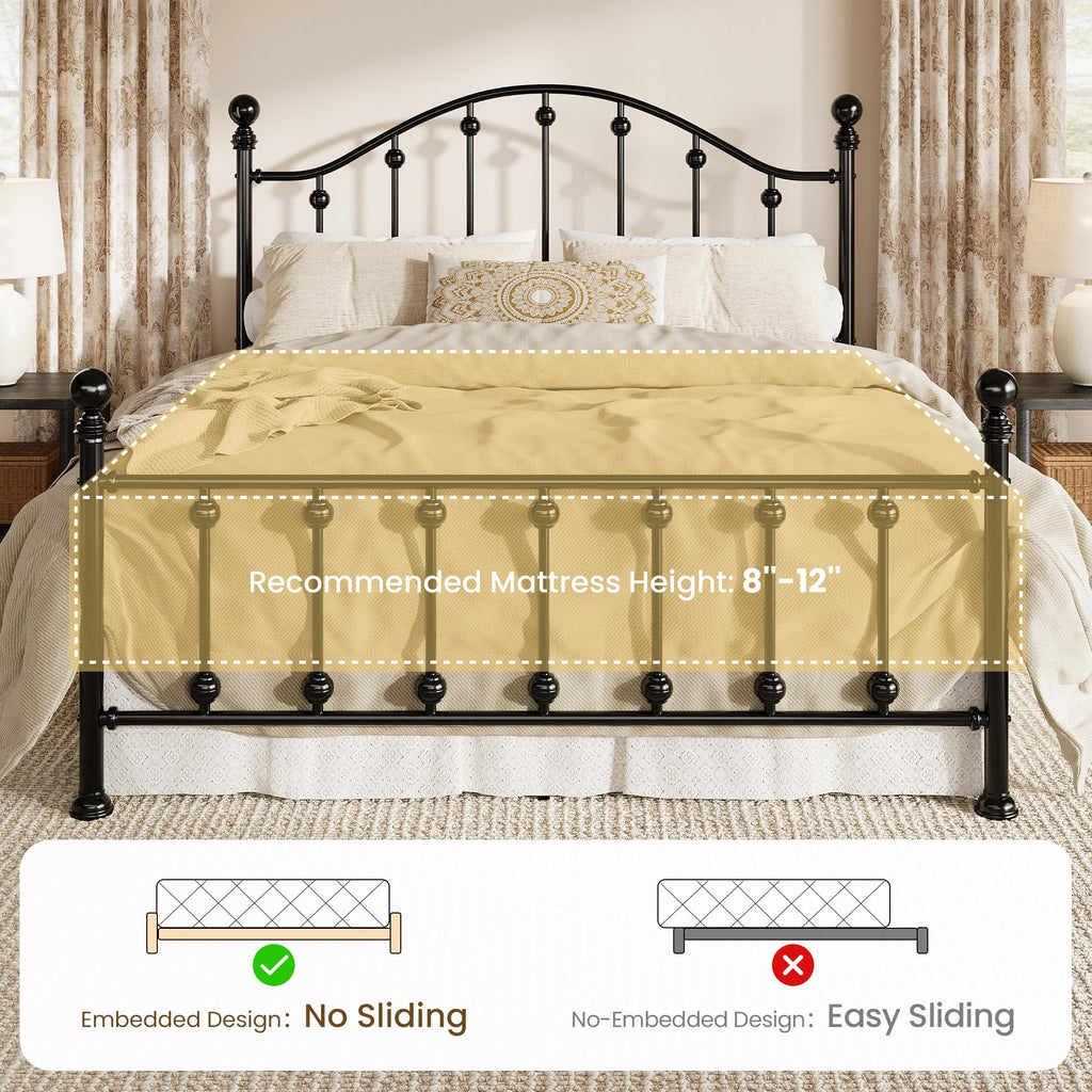 Queen Metal Bed Frame with Victorian Headboard and Footboard Black C619
