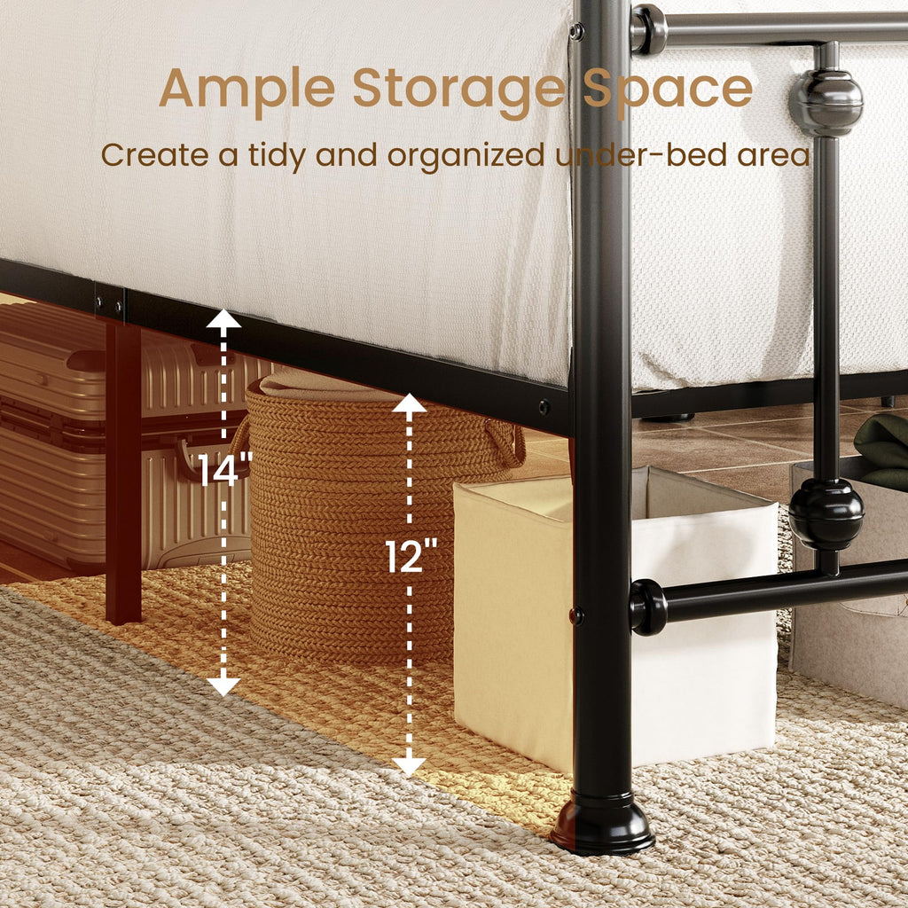 Queen Metal Bed Frame with Victorian Headboard and Footboard Black C619